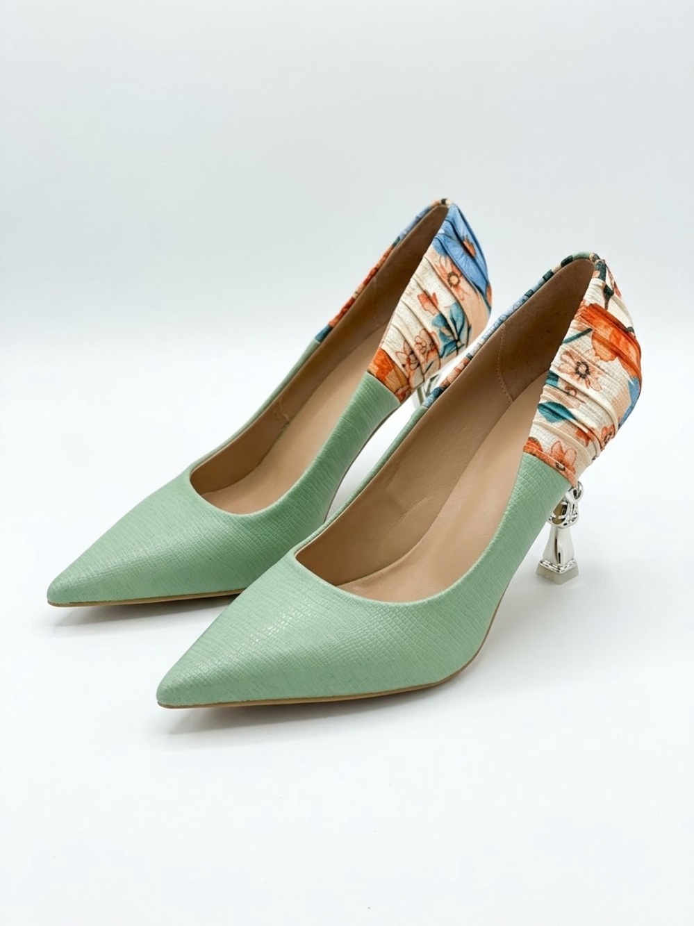 Floral Accent Mint Pointed Toe Pumps